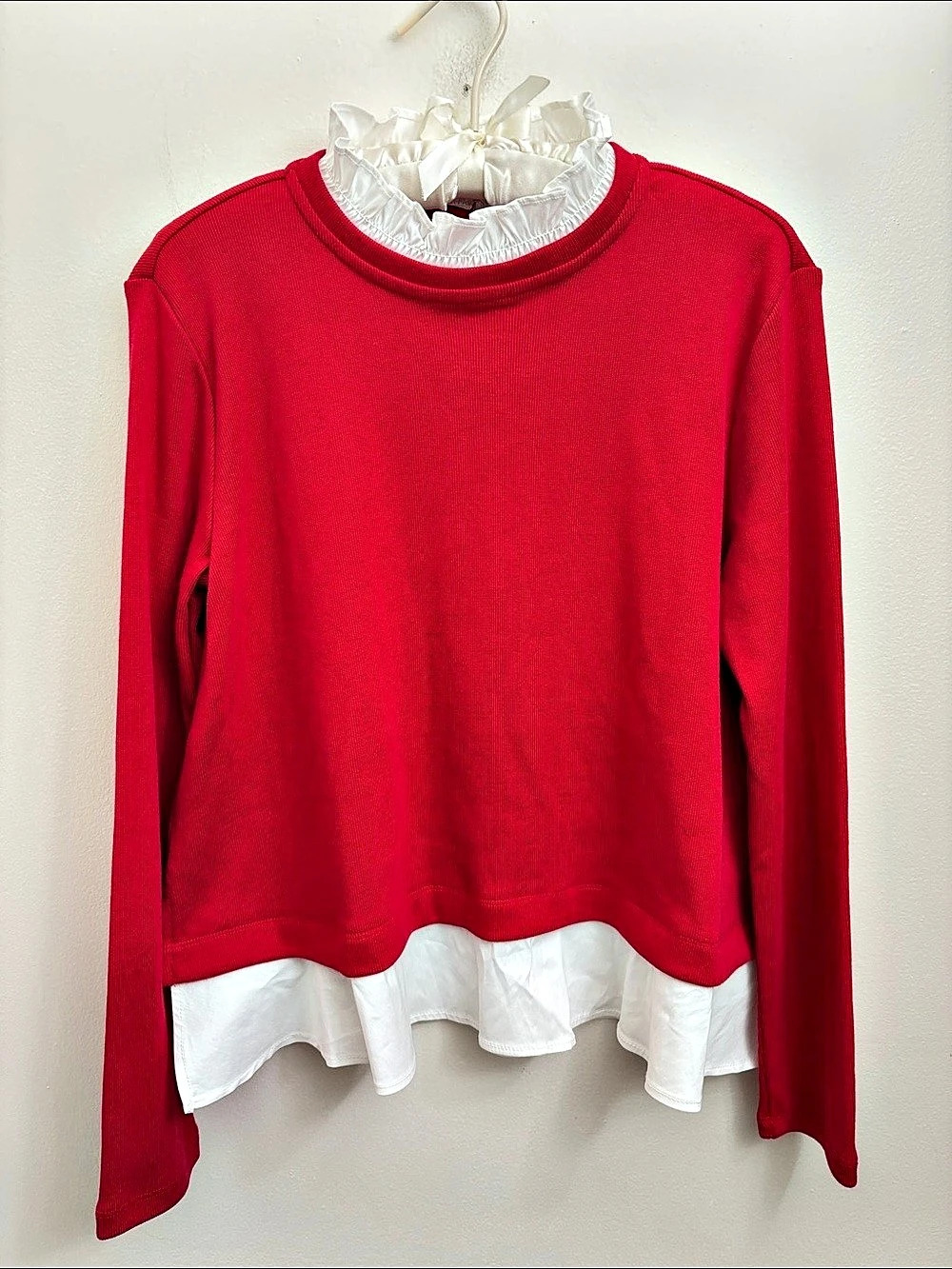 Ann Taylor Ruffle Layered Top Red & White Size Medium